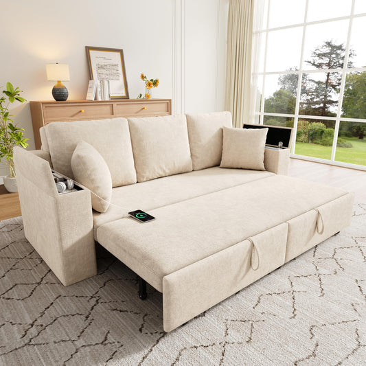 Sofá cama de 210 cm, multifuncional, 3 plazas, con función de dormir, sofá cama extensible, sofá con espacio de almacenamiento, reposabrazos y puerto de carga USB, para salón y dormitorio, color