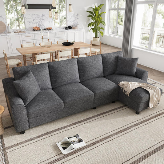 Sofá moderno de chenilla en forma de U con chaise longue, sofá esquinero de 4 plazas con espacio de almacenamiento, puerto USB y tipo C, modular, con soporte para bebidas y cojines suaves