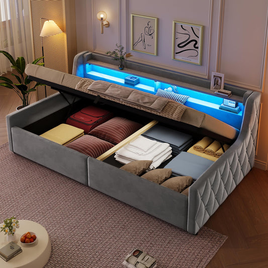 Cama con plataforma de terciopelo 90 x 200 cm, con espacio de almacenamiento hidráulico e iluminación LED (color crema, 90 x 200 cm)