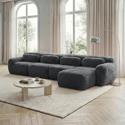 Sofá modular combinable en forma de L de 4 plazas, tejido de felpa con cojines, espuma de alta elasticidad, diseño chaise longue para salón o dormitorio (negro)