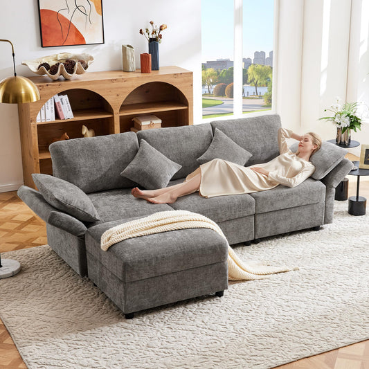 Sofá cama convertible de 3 plazas, sofá esquinero en forma de L con reposapiés, 4 almohadas, reposabrazos ajustables, cómoda tela de chenilla, adecuado para sala de estar, oficina, apartamento