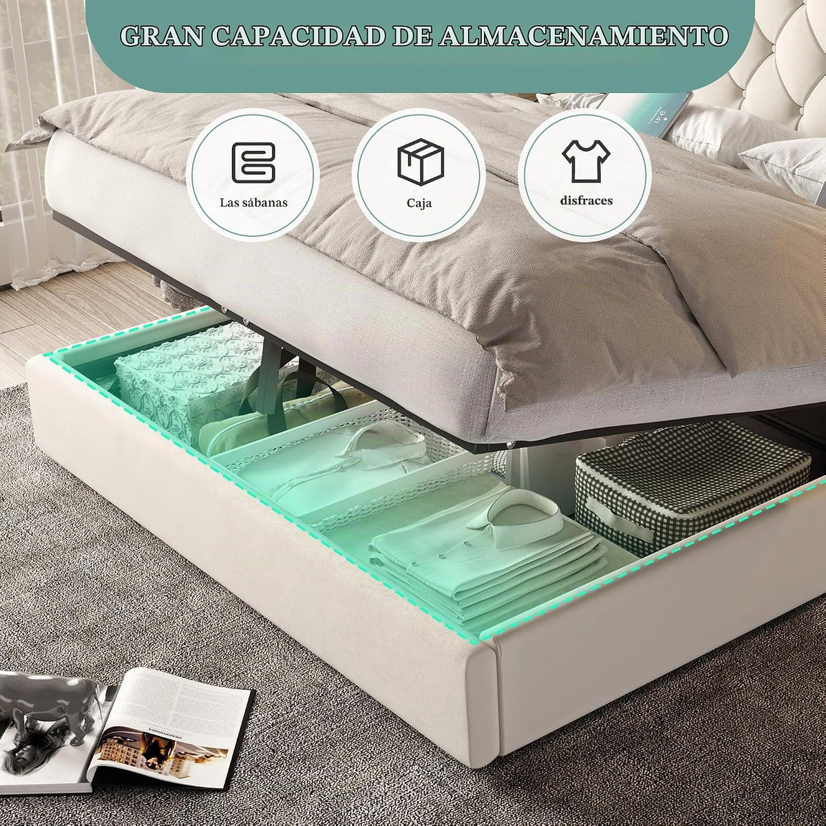 Estructura de cama con cabecero largo, 180 x 200 cm, material de terciopelo moderno, varios puertos USB, lámpara de escritorio, sistema hidráulico, espacio de almacenamiento extra grande en la