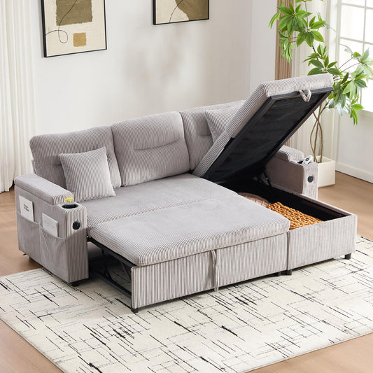Dolamaní Sofá moderno de 4 plazas de tela de lino con espacio de almacenamiento y función de dormir, sofá cama con cajonera extensible en forma de L para casa y salón (beige B)