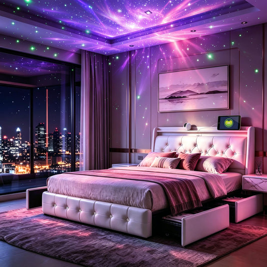 Armazón de Cama de Cuero 140x200cm con luz LED, Blanco