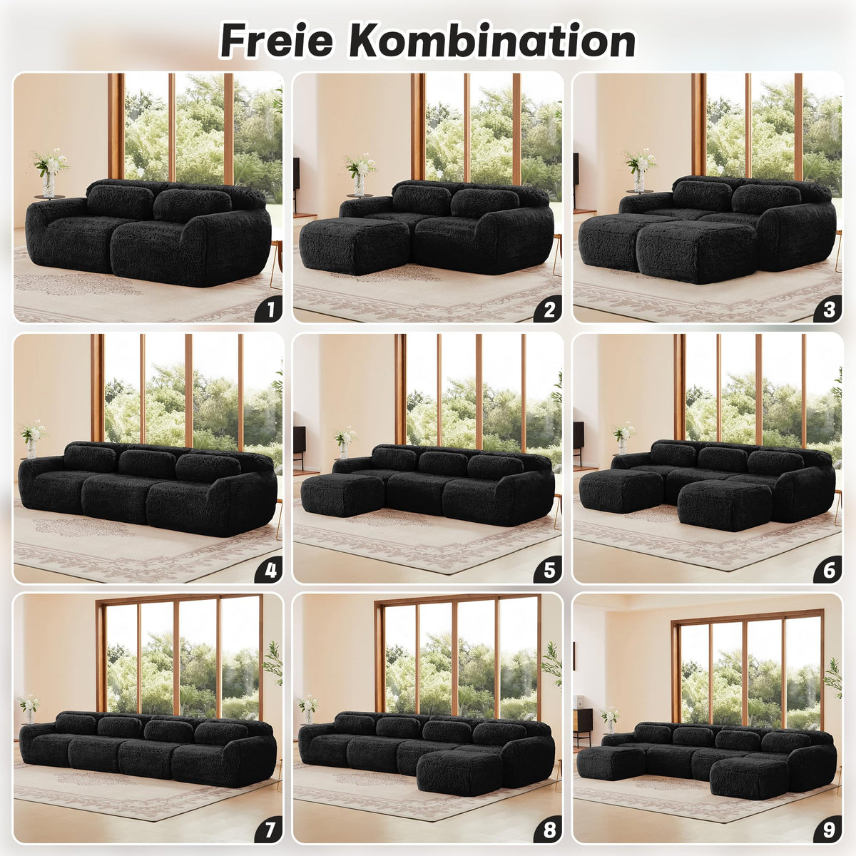 Sofá modular en forma de U, tela de felpa, sin montaje, base antideslizante, con cojín, soporte ergonómico, espuma de alta elasticidad, adecuado para sala de estar, dormitorio (caqui claro)