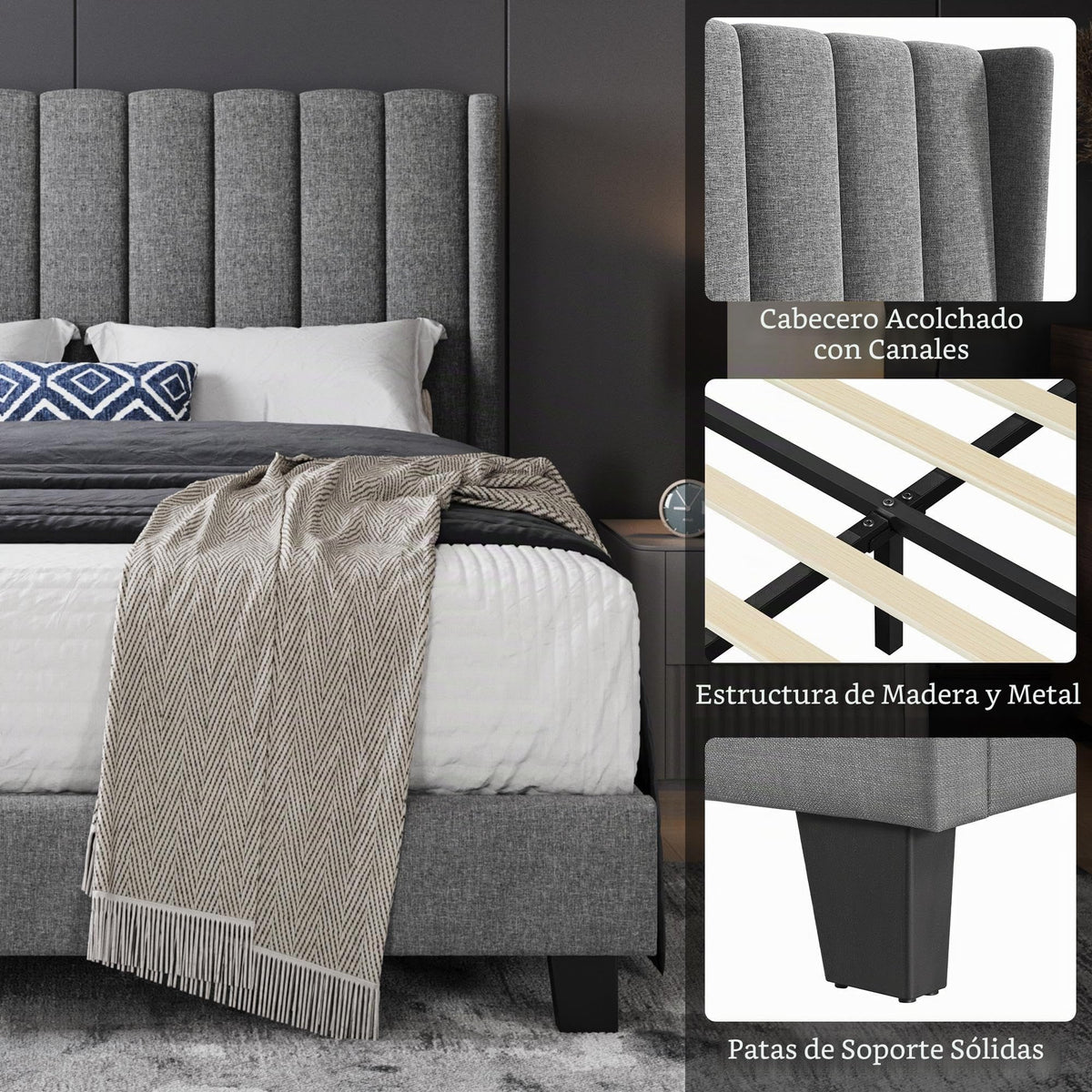Yaheetech Cama Doble Tapizada 140 x 200cm con Somier de Lamas con Cabecero Rayado Moderno Estructura de Madera y Metal Marco de Cama para Adultos 2 Personas Beige