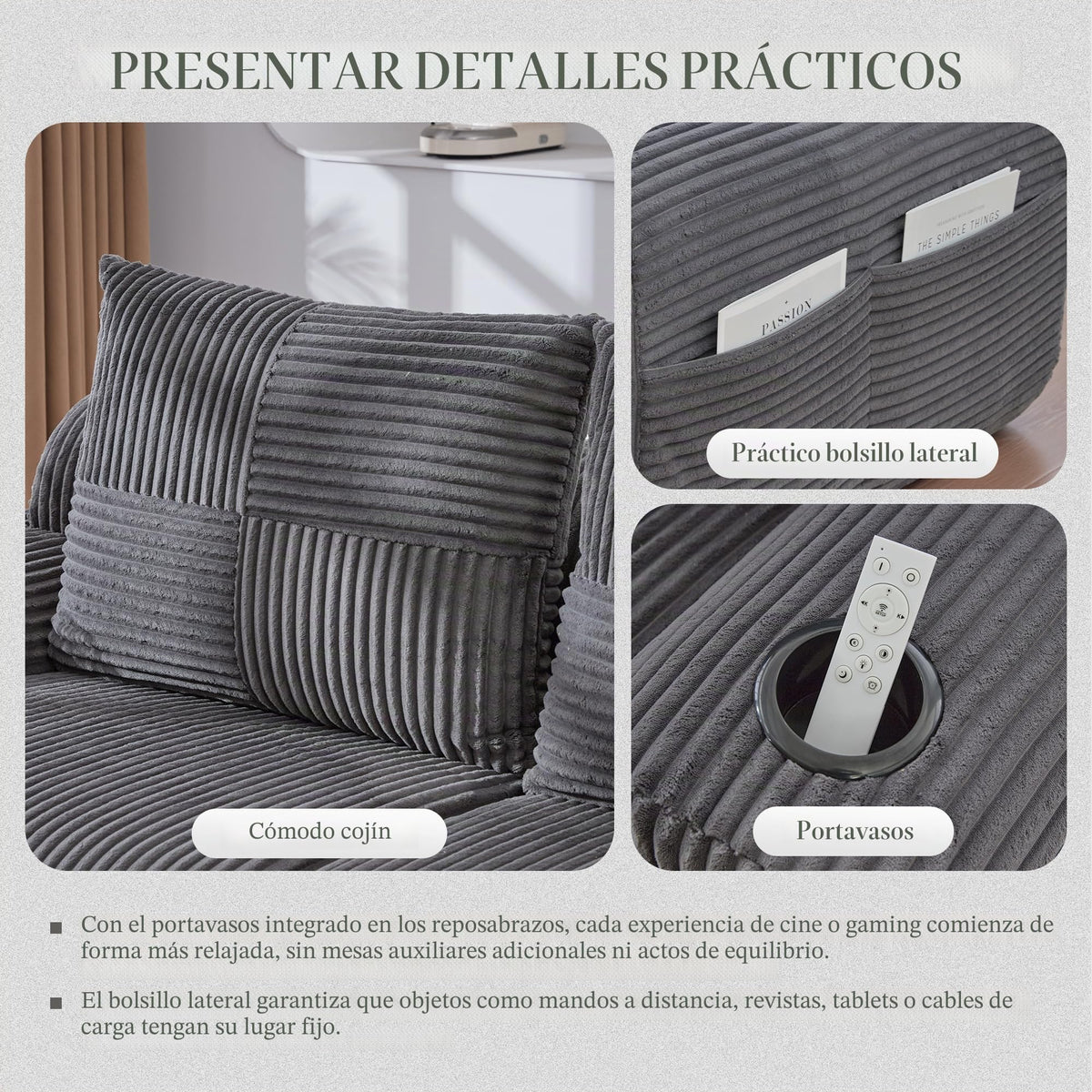 Sofá modular de 200 cm, sofá de 2 plazas con portabebidas y bolsillo de almacenamiento lateral, sofá comprimido de pana, sofá seccional para sala de estar y dormitorio