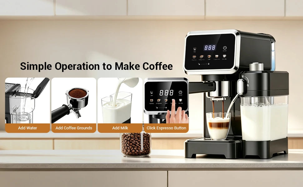 Cafetera Espresso con Pantalla Táctil a Color, Máquina de Cappuccino y Latte de 20 Bares con Espumador de Leche Automático, Cafetera Espresso de Doble Caldera de Acero Inoxidable para el Hogar, 1350W