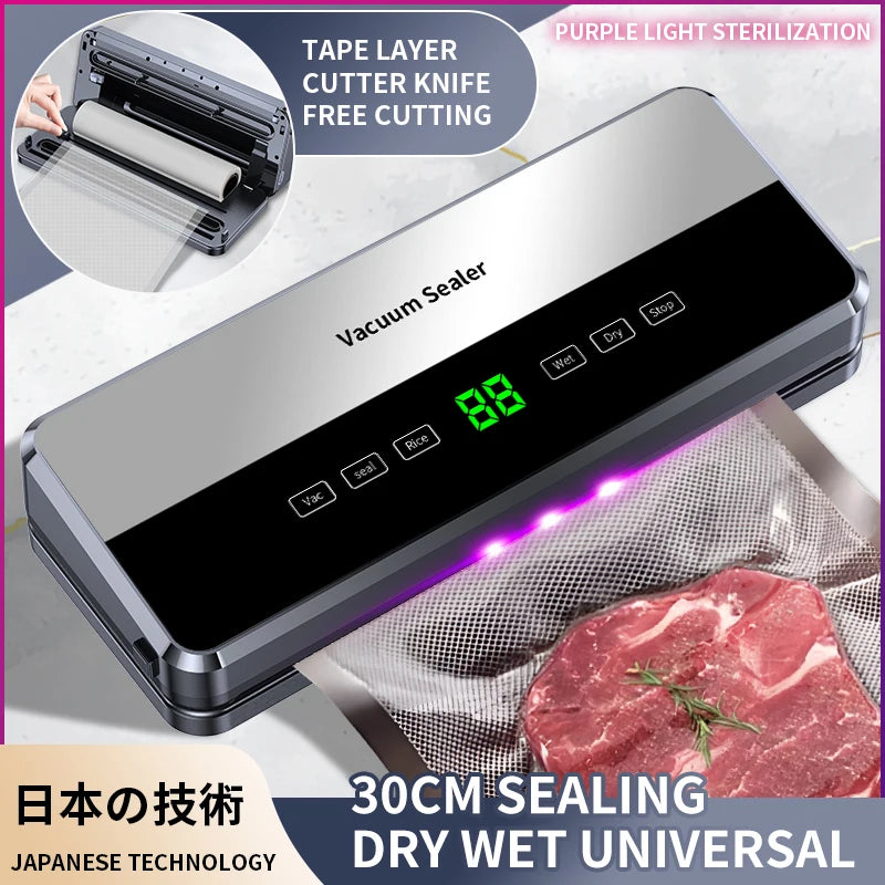 Sellador al vacío eléctrico, cortador incorporado, sello de almacenamiento de alimentos para cocina, botón táctil, tiras de embalaje de sellado de alimentos secos/húmedos, bolsillo sellado