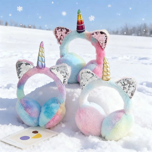 Orejeras de unicornio cálidas de felpa suave para otoño e invierno, orejeras de gato con lentejuelas teñidas anudadas, protege las orejas del frío, regalos de navidad
