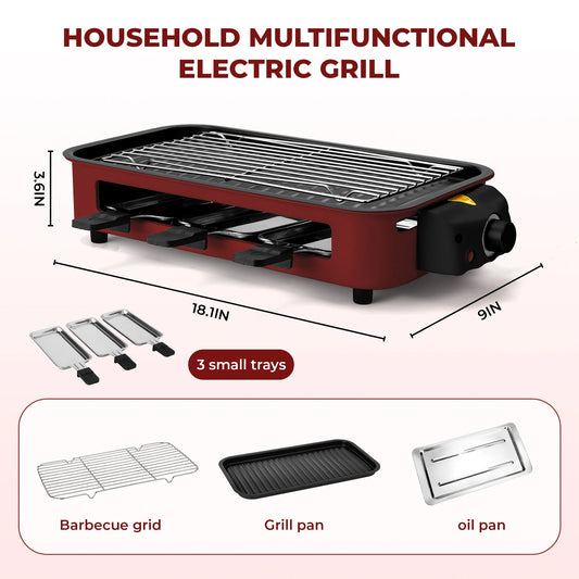 Parrilla eléctrica, parrilla eléctrica sin humo, revestimiento antiadherente, placa/parrilla/bandeja extraíble, adecuada para fiestas familiares y en el comedor de residencia y barbacoas