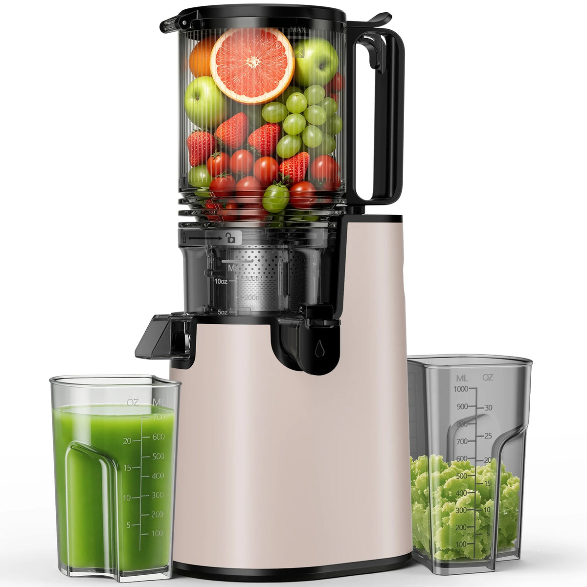 Extractor de jugo de masticación lenta con tolva de alimentación grande de 5,4", máquinas de extractor de jugo de prensado en frío de 350 W para frutas y verduras enteras, extractor de jugo silencioso de 50 RPM, fácil de
