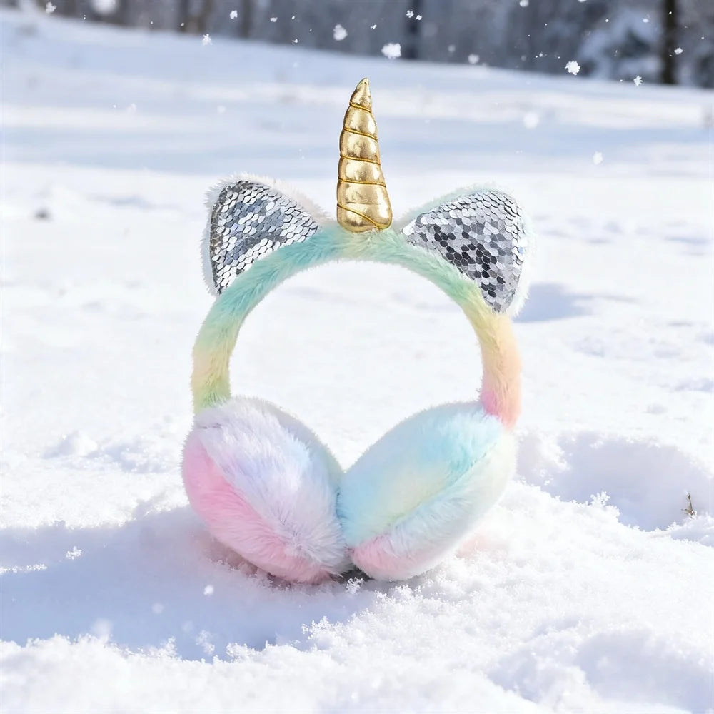 Orejeras de unicornio cálidas de felpa suave para otoño e invierno, orejeras de gato con lentejuelas teñidas anudadas, protege las orejas del frío, regalos de navidad