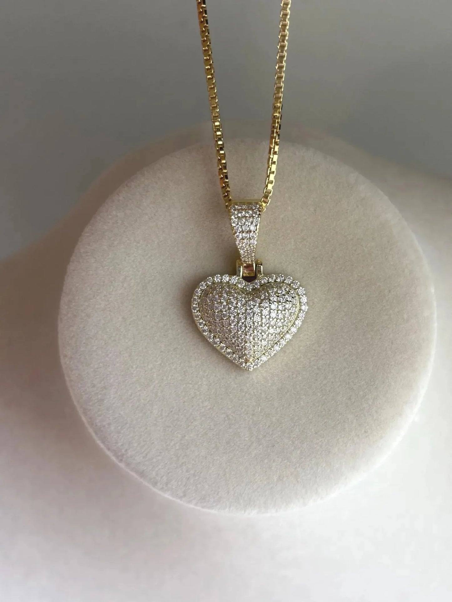 Small Christian Moissanite Puffed Heart Necklace with Diamond Pave Charm Gold Plated for Party Occasions