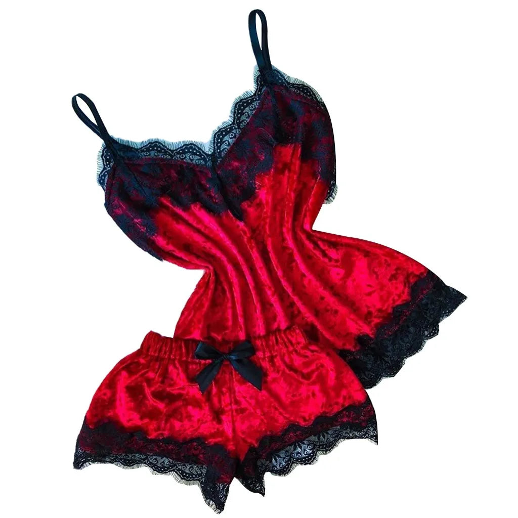 Pijamas de verano para mujer, ropa de dormir con lazo de terciopelo, ropa de dormir sin mangas con tirantes, camisola con adornos de encaje, conjuntos de pijama, lencería Sexy para mujer