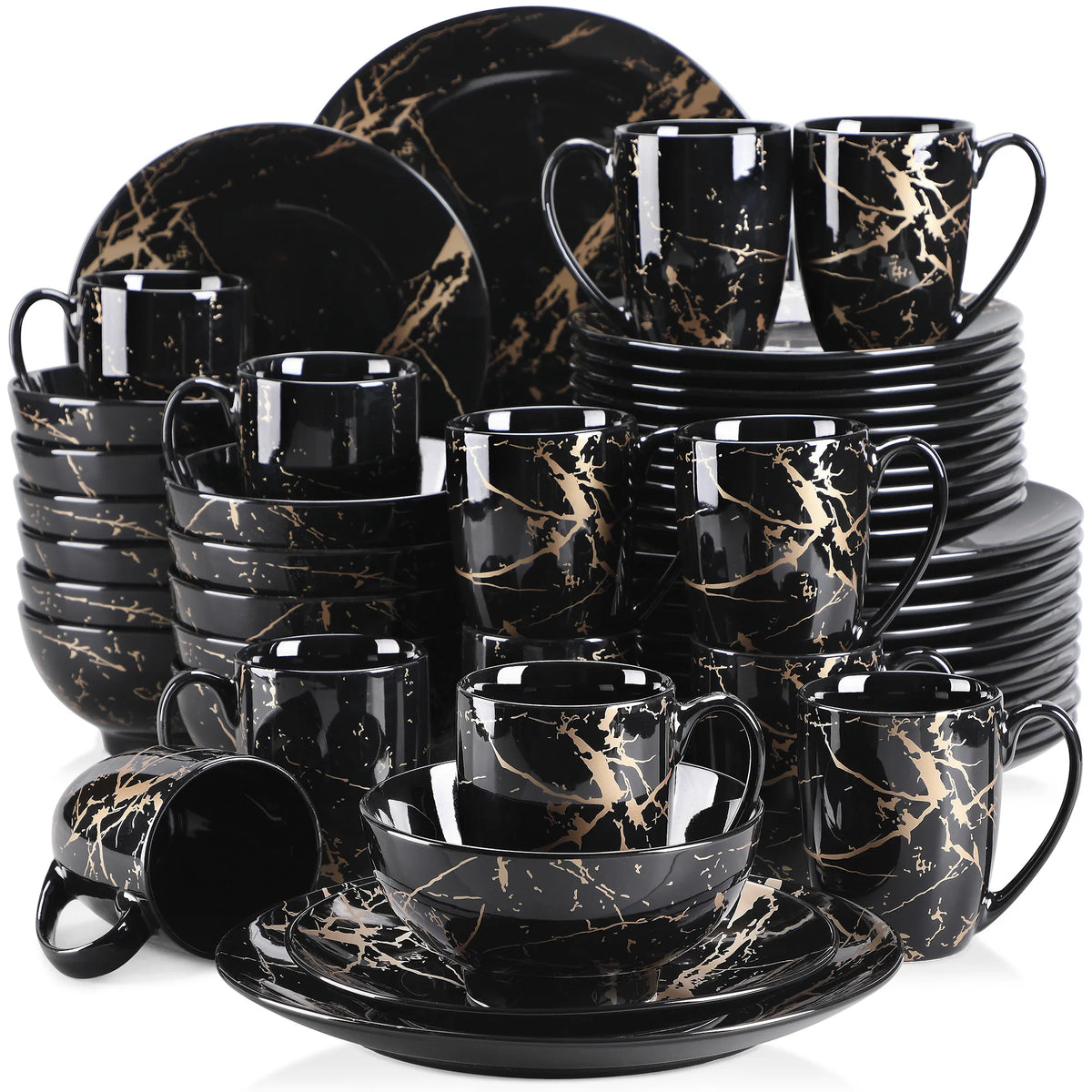 LOVECASA-Juego de vajilla negra, diseño dorado Splash con plato de cena, plato de pastel, cuencos, tazas de café, 16/2021 piezas, 32/48
