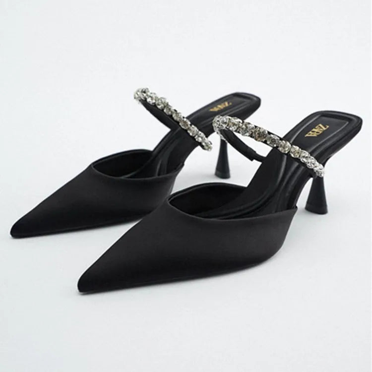 Dl European and American Foreign Trade High Heel Pointed Rear Empty Women's Shoes Rhinestone Baotou Thin Fashion Slippers