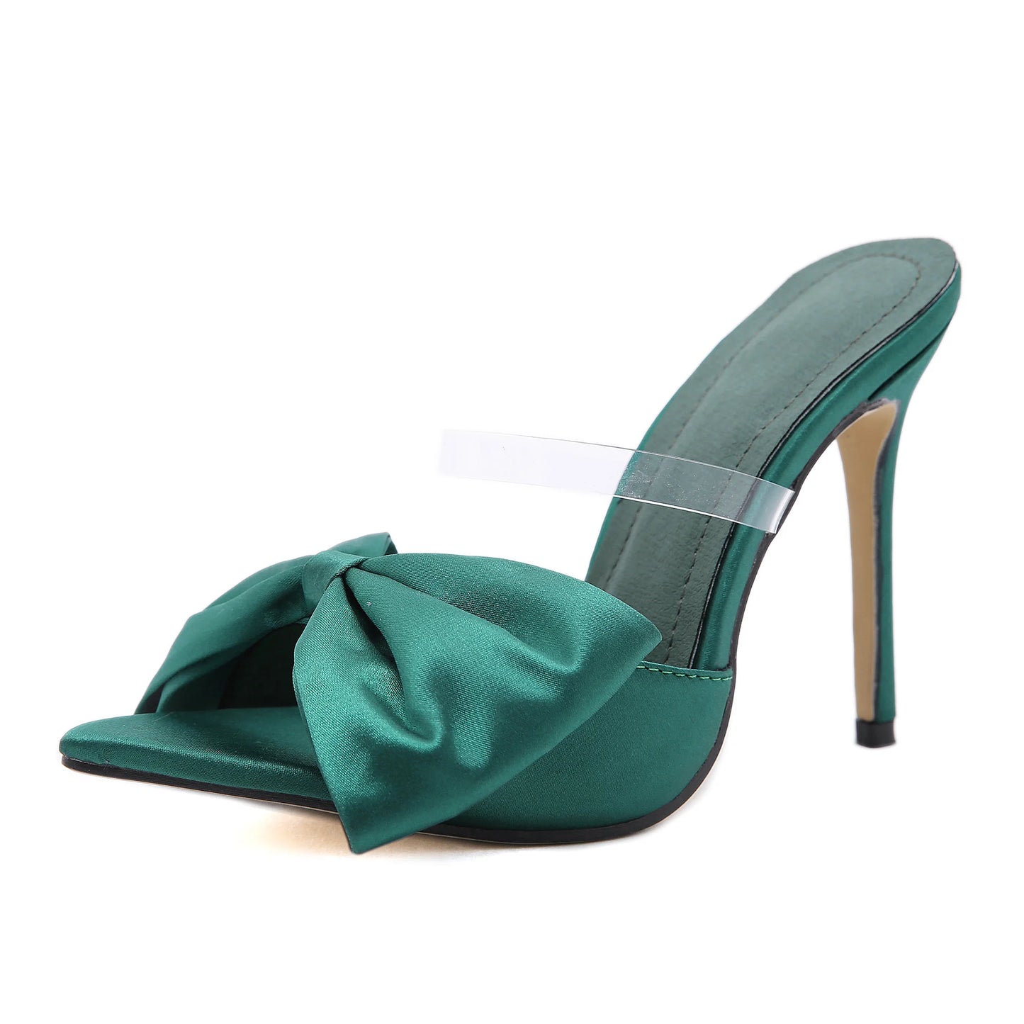 New 2024 European and American New Sexy Pointed Bow with PVC Thin High Heel Sandals