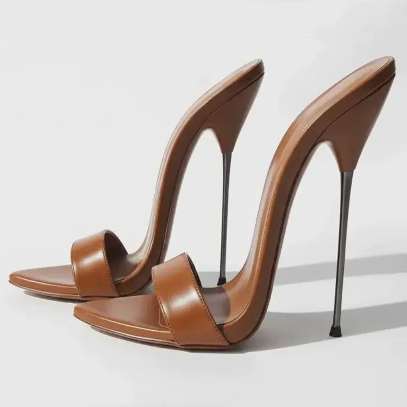 Women Supper High Silver Thin Heels Sandals Summer Big Size 45 Dress Wide Fit Denim Shoes Dress Stiletto Single Band Mules