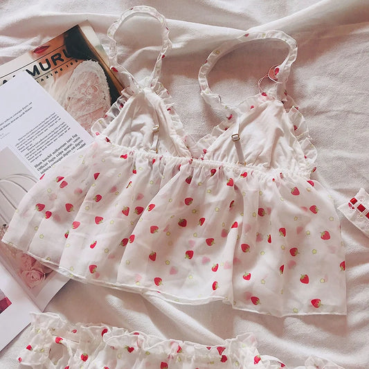 Conjunto de pijamas para mujer, lencería Sexy con corte de encaje, ropa de dormir de noche sin mangas para mujer, pijamas con estampado de fresa para mujer