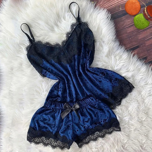 Pijamas de verano para mujer, ropa de dormir con lazo de terciopelo, ropa de dormir sin mangas con tirantes, camisola con adornos de encaje, conjuntos de pijama, lencería Sexy para mujer