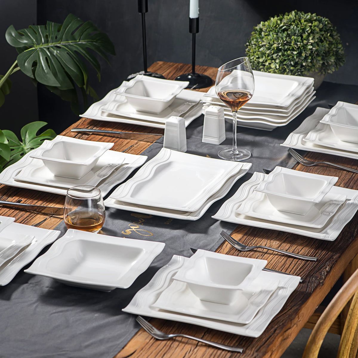 MALACASA Juego de vajilla cuadrada, platos y cuencos de porcelana blanca de 28 piezas, juego de cena para sal, pimienta, ensalada, Pasta