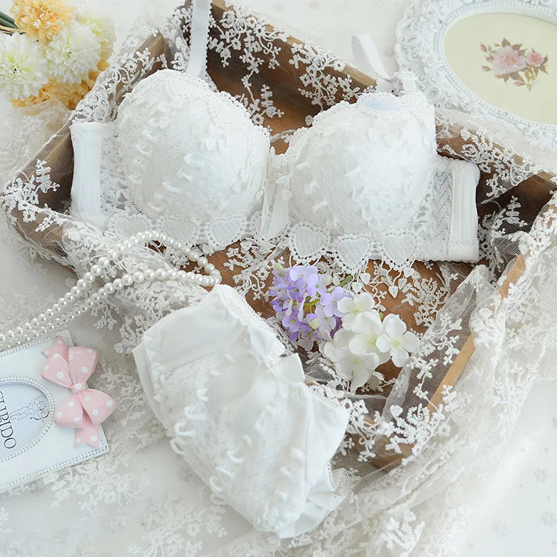 ZZYUP Lovely Girls Lace Bra Panty Sets Cute Japanese Underwire Push up Lace Bra Set