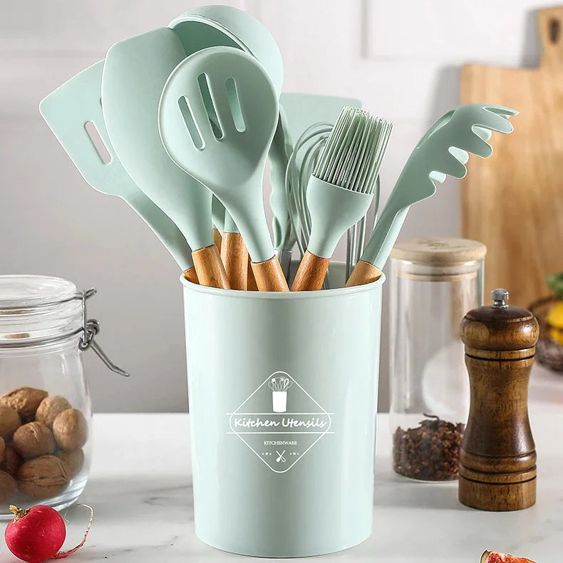 Kitchen Cooking Tool Kitchenware 12pcs Cooking Wood Utensils Kitchen Utensils Set Silicone Kitchen Utensils Set