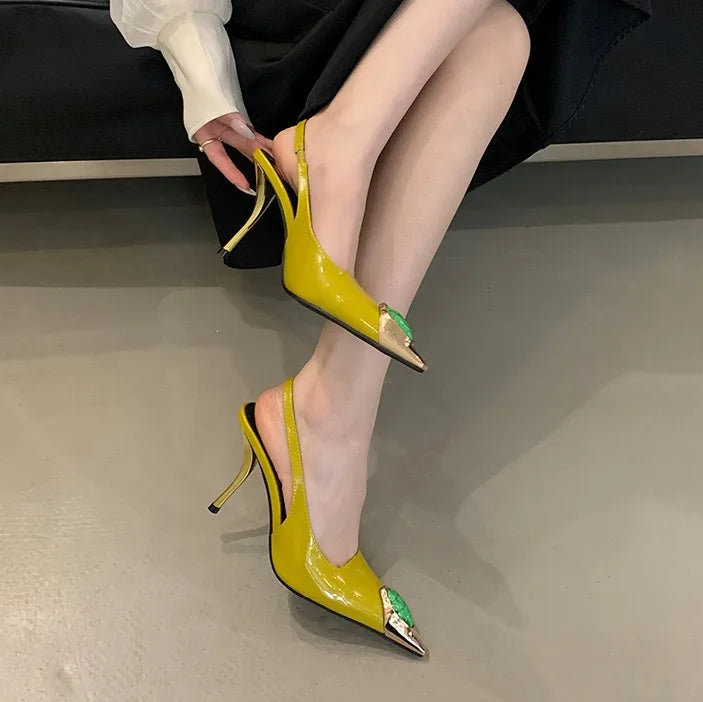 Women's Elegant Black PU Leather Super High Heel Hollow Shallow Mouth Pointed Toe Buckle Strap Anti-Slip Summer Outdoor Sandals