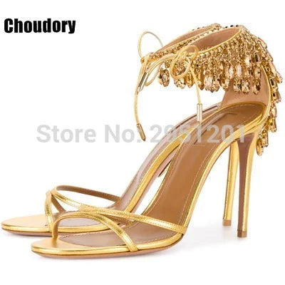 Sandalias de gladiador ostentosas para mujer, zapatos de tacón alto con tiras de ante, con cordones y diamantes de imitación, para verano