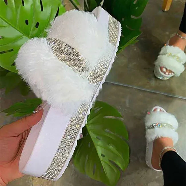 Dropshipping Platform Diamonds Fur Slides Slippers Hot Sale Flutty Slippers New Style Thick Sole Platform Sandals for Ladies