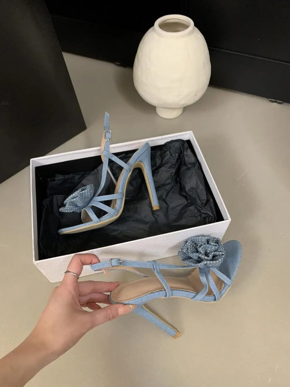 Women's Open-Toe Denim Pumps Rhinestone Flower Back Strap Design High-Heeled High Top Style Slim Heels Slip-On Sandals