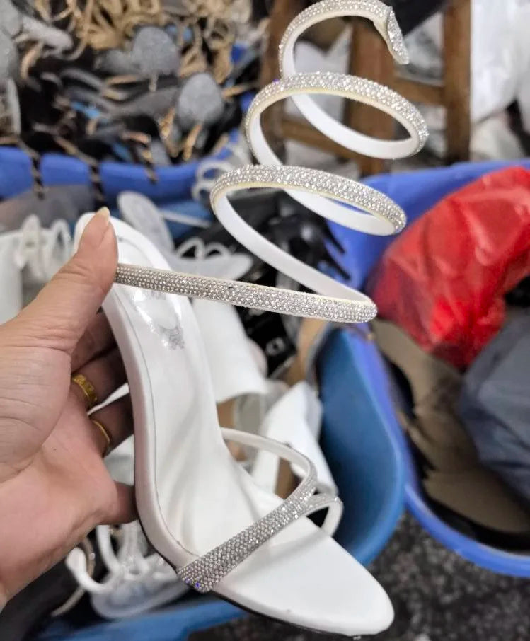 2025 Rhinestone Silver White Party Dress Shoes Snakelike Winding Stiletto High Heels Sexy Sandals for Women