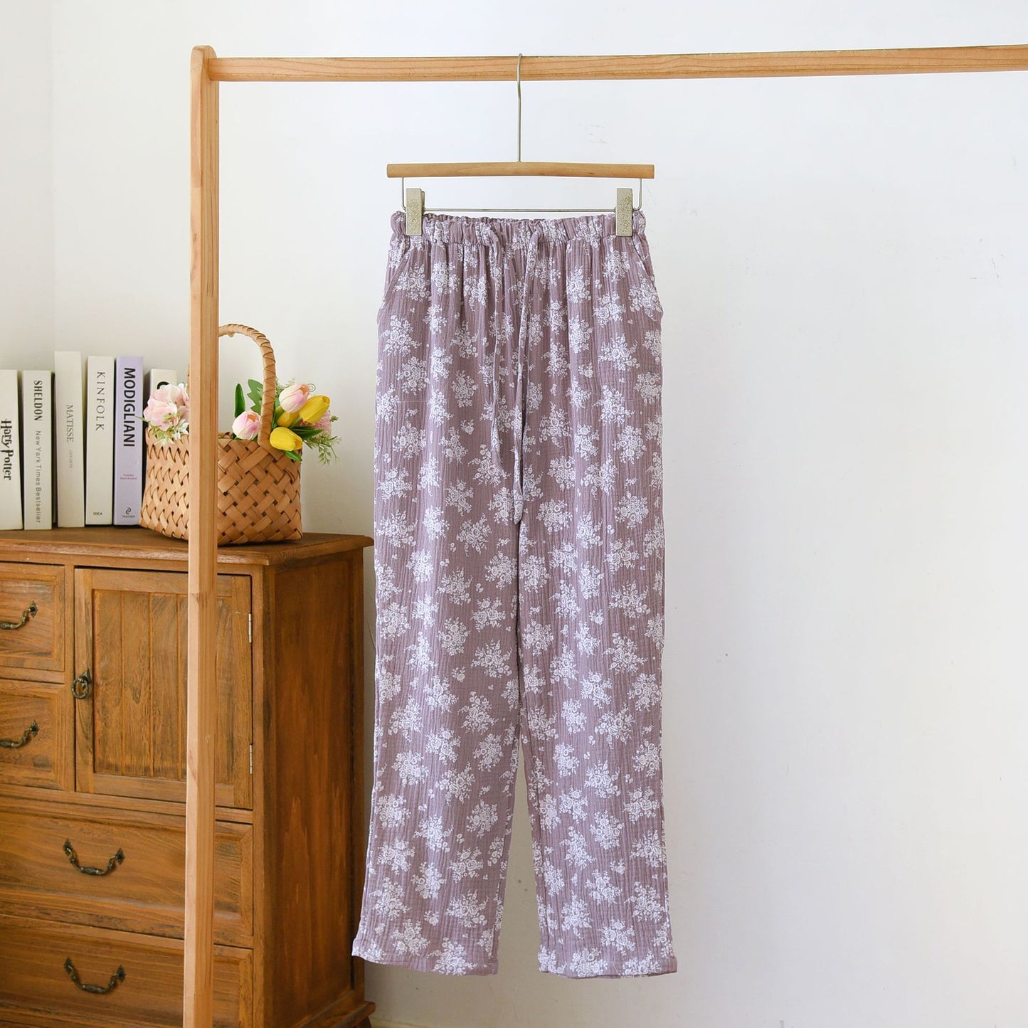 Spring and Autumn New Double-layer Cotton Yarn Home Pants Simple Atmospheric Crepe Trousers for Outer Wearing Four Seasons Thin Breathable