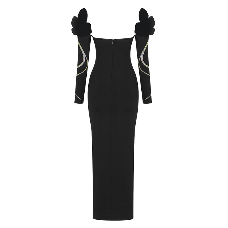 2025 Autumn/Winter New Cross-Border Long Sleeve V-Neck Off-Shoulder Clavicle-Revealing Hot Girl Bodycon Bandage Evening Dress