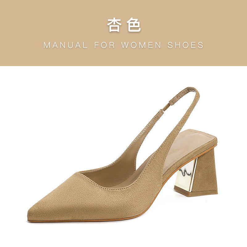 Pointed Toe Slimming Look Suede High-Heeled Shoes, Feminine 2023, New Spring and Summer Thick Heels, Simple Back Hollow Toe Sandals