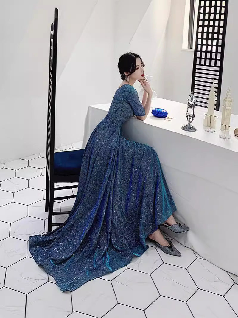 Starry Sky Evening Dress 2025 New Sparkling V Neck Splicing Mesh Host Banquet Chorus Conductor Dress Skirt