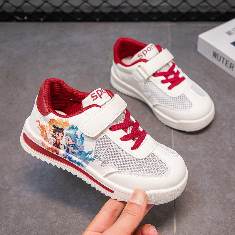 Nezha Ao Bing Children's Cartoon Sports Shoes Summer New Breathable Single Mesh Sneakers Soft Sole Non-Slip Girls' White Shoes