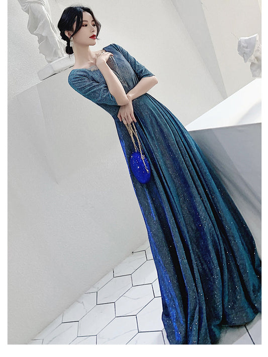 Starry Sky Evening Dress 2025 New Sparkling V Neck Splicing Mesh Host Banquet Chorus Conductor Dress Skirt