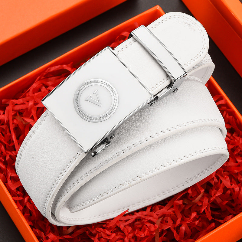 Belt Men's Genuine Leather White Automatic Buckle Belt Letter Trendy Personalized Trouser Belt Korean Version Dropshipping Factory Direct Sales