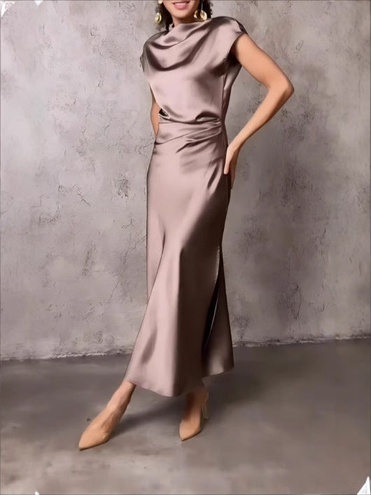 European and American Cross-Border Women's Clothing New Solid Color High-End Satin Slim One-Shoulder Sexy Backless Fishtail Dress