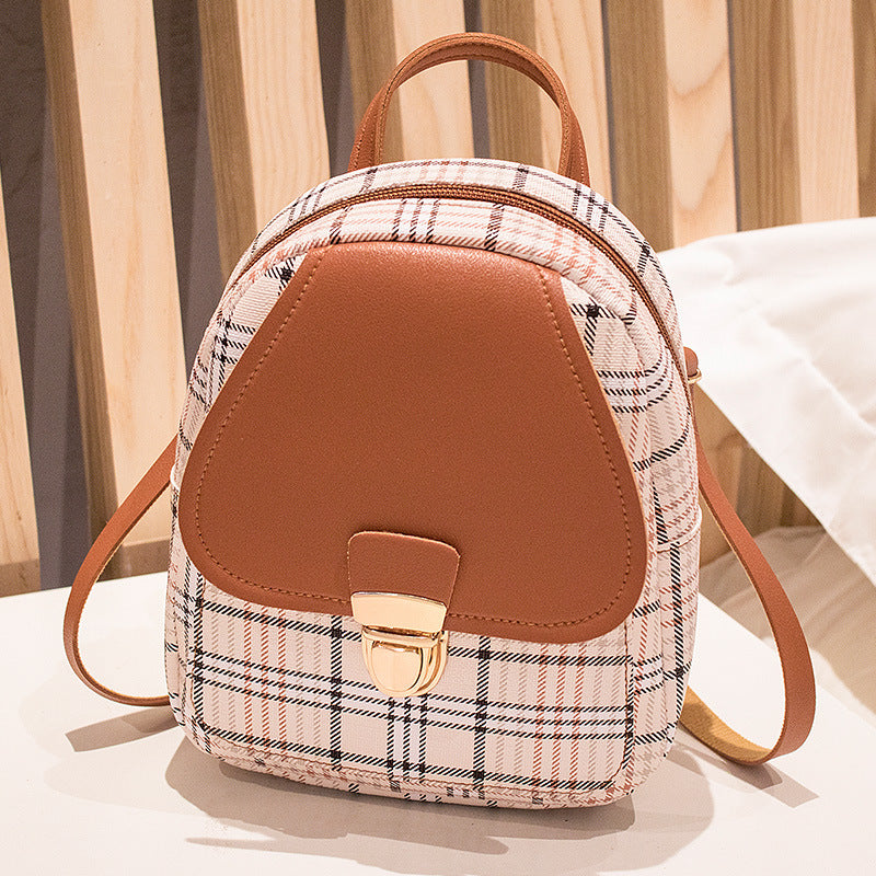 Small School Bag 2024 Korean Style Fashionable Small Backpack Satchel Shoulder Crossbody Bag Contrasting Color Mobile Phone Bag Pu Plaid Backpack