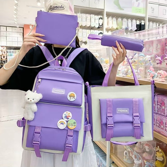 New School Bag Backpack Female Korean Version Canvas Large Capacity Five-Piece Set Middle School Student Backpack Student School Bag Female