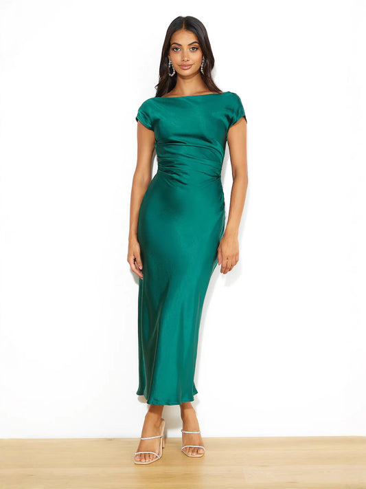 European and American Cross-Border Women's Clothing New Solid Color High-End Satin Slim One-Shoulder Sexy Backless Fishtail Dress