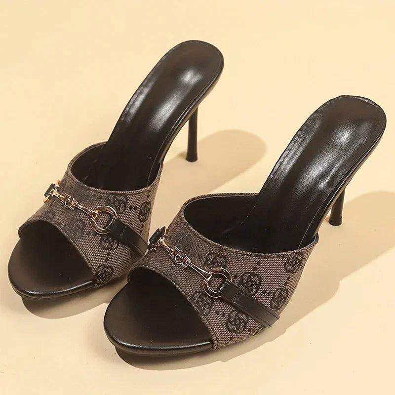 Sandalias de tacón alto para mujer, zapatillas elegantes con hebilla de Metal, Sandalias de tacón fino estampadas, zapatos de fiesta a la moda para mujer 2025