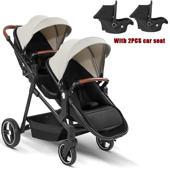 Nuevo cochecito doble de STOCK europeo con 2 asientos de coche, cochecito de bebé 3 en 1, multifuncional, ligero, portátil para niños dobles