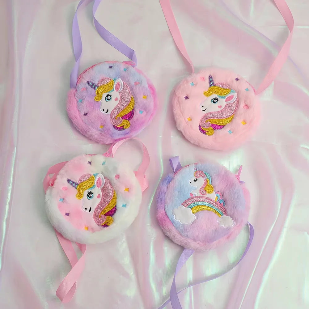 Bolso cruzado de unicornio de dibujos animados para niños, bolso de hombro de felpa bonito, Mochila pequeña para niñas, adecuado para regalos de vacaciones escolares, 2 uds.