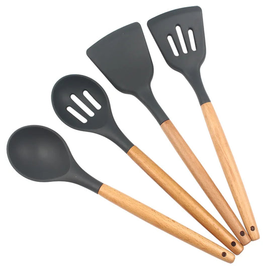 Juego de 12 utensilios de cocina de silicona con mango de madera, espátula antiadherente, cuchara para sopa y freír