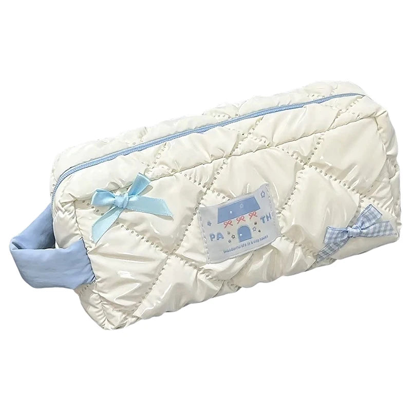 Bolsa de lápices con lazo azul y blanco, bolsa de papelería de gran capacidad, bolsa de almacenamiento de viaje, bolsas de cosméticos para mujer, estuche de lápices con diseño bonito para niñas