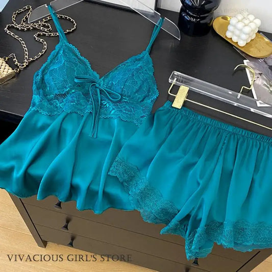Conjunto de pijamas con tirantes para mujer, ropa de salón, lencería íntima de encaje calado Sexy, ropa de dormir, novedad de verano, Top y pantalones cortos con tirantes, ropa de casa